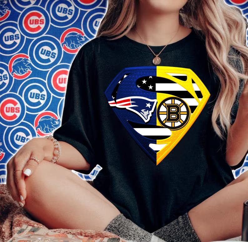 New England Patriots and Boston Bruins inside Superman logo t-shirt woman shirt