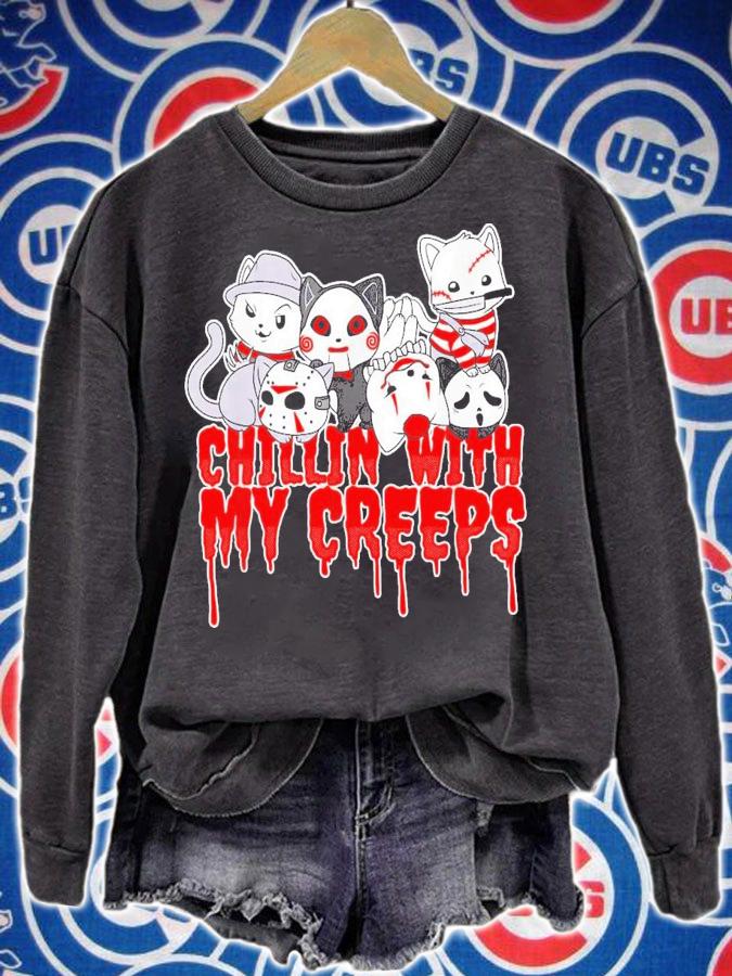 Chillin With My Creeps Cat Horror Serial Killer Halloween T-Shirt t-shirt sweatshirt