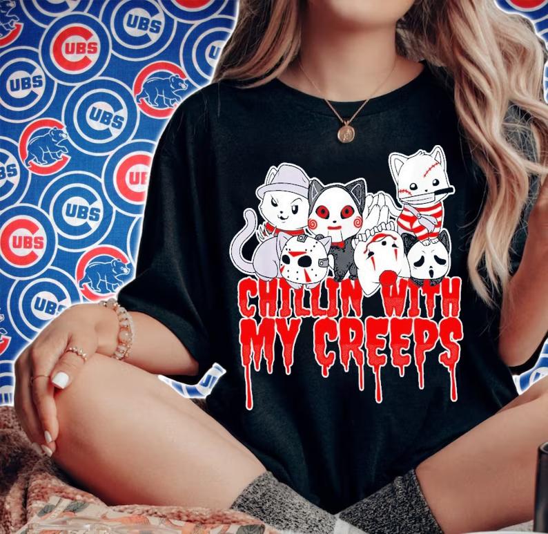 Chillin With My Creeps Cat Horror Serial Killer Halloween T-Shirt t-shirt woman shirt