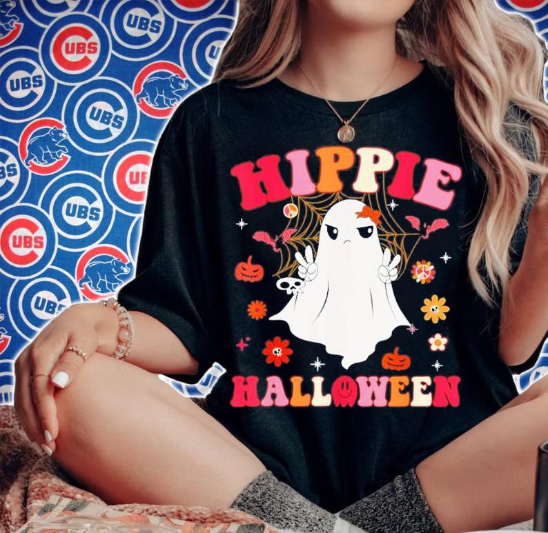 Hippie Halloween Retro Ghost Pumpkin Rainbow Groovy T-Shirt t-shirt woman shirt