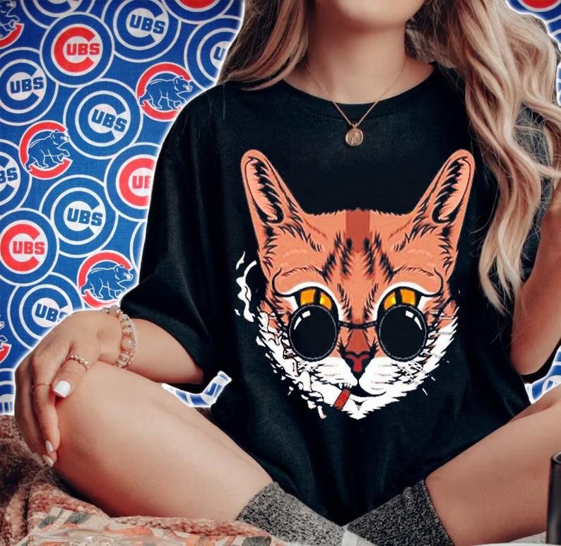 Cute Cat Face With Sunglasses Smoking Cigar T-Shirt t-shirt woman shirt