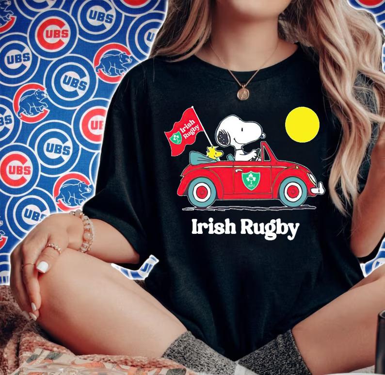 Snoopy And Woodstock Driving Car Irish Rugby Flag t-shirt woman shirt