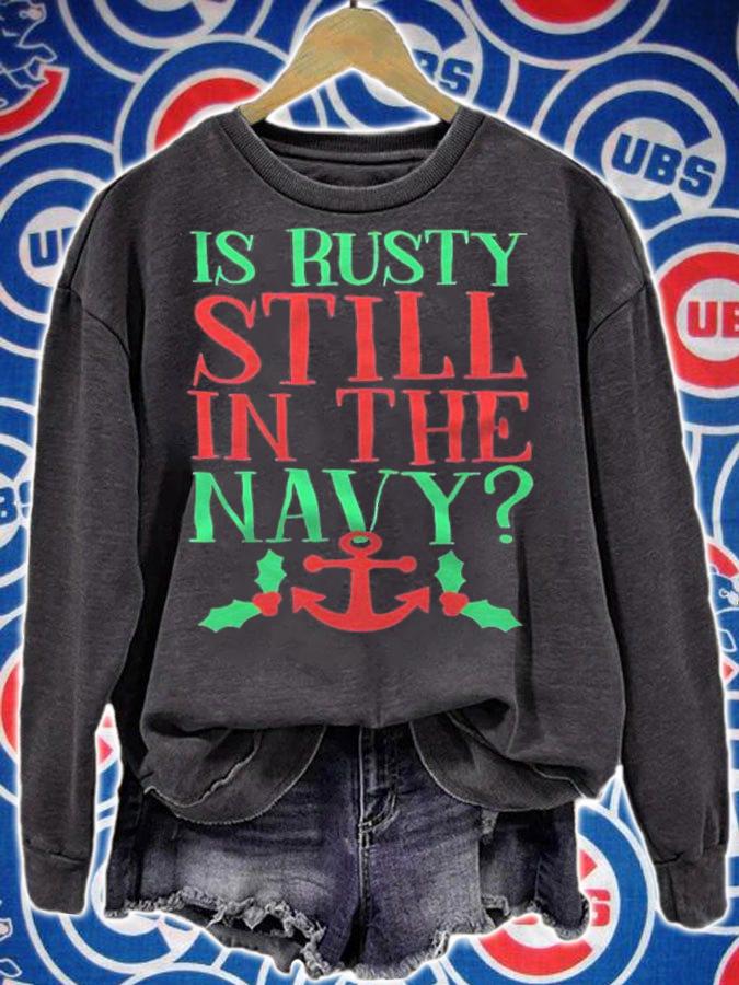 Is Rusty still in the navy T-shirt sweatshirt
