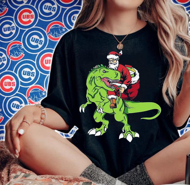 Santa Riding Dinosaur T Rex Christmas T-Shirt woman shirt