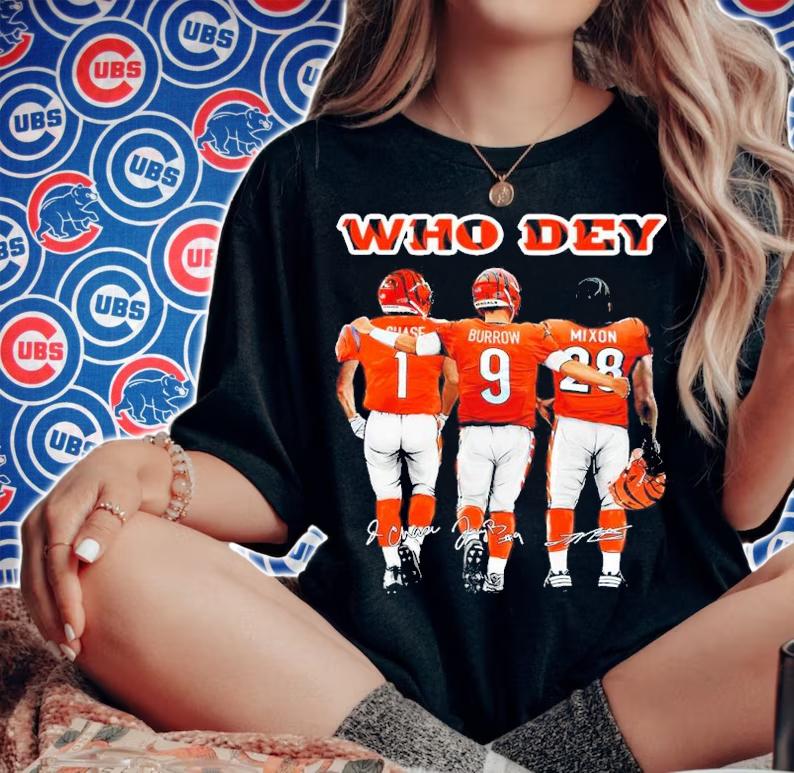 Cincinnati Bengals Who Dey Ja'Marr Chase Vs Joe Burrow And Joe Mixon Signatures Shirt woman shirt