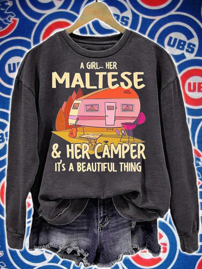 A Girl Her Maltese And Her Camper It's A Beautiful Thing Maltese Terrier T-Shirt sweatshirt