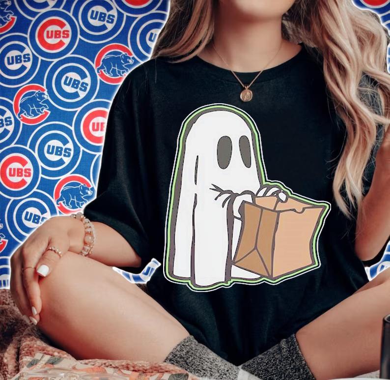 Halloween ghost with candy bag funny t-shirt woman shirt