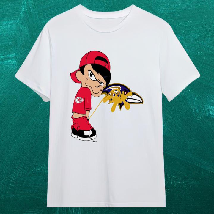 Kansas City Chiefs Calvin Peeing on Ravens T-Shirt – Funny Fan Apparel